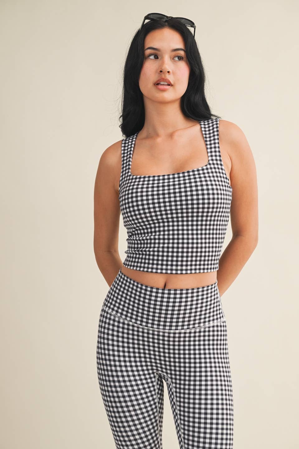 Black Gingham Print Wide Strap Fitted Tank