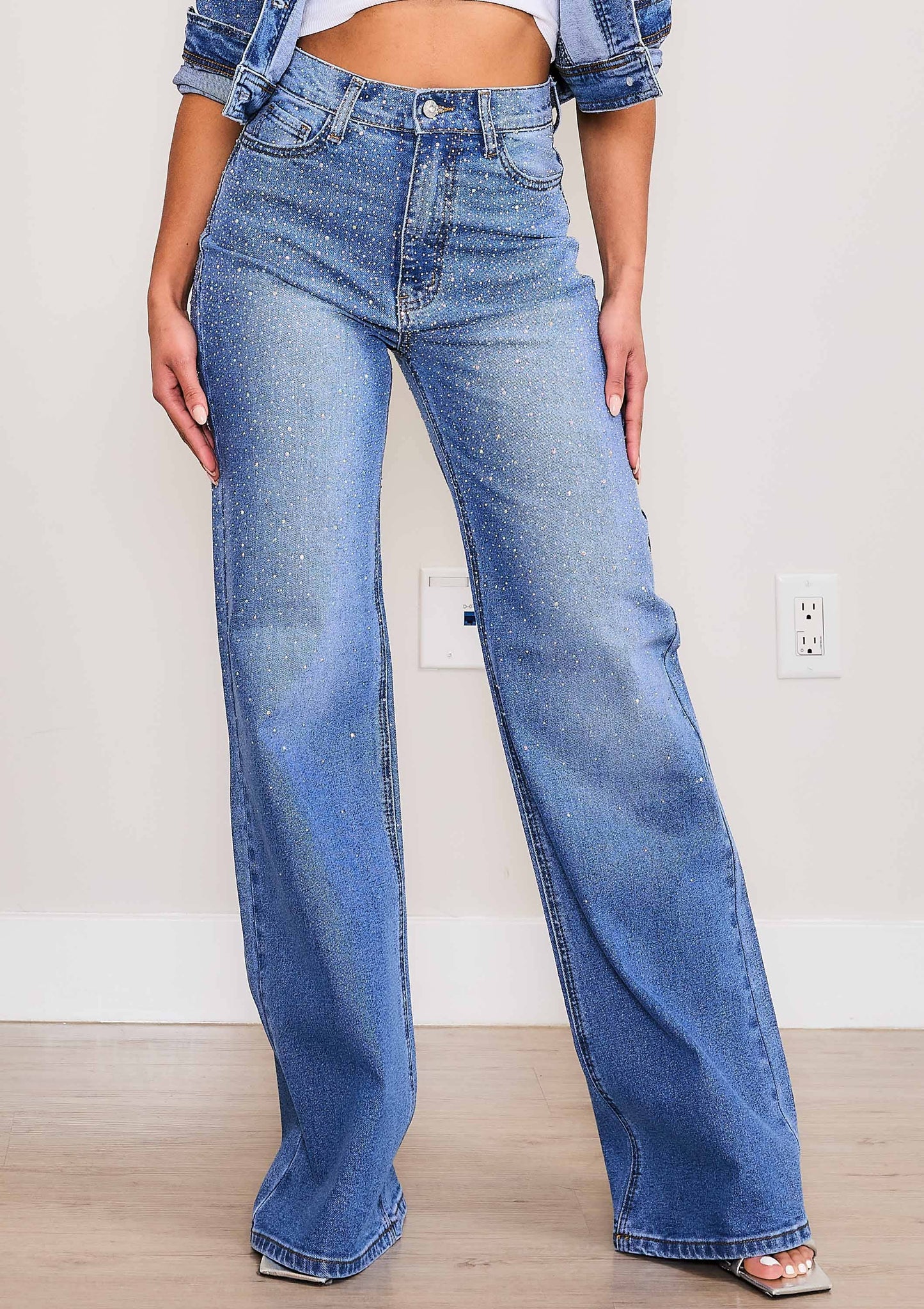 Iridescent Rhinestone High-Rise Wide Leg Jeans