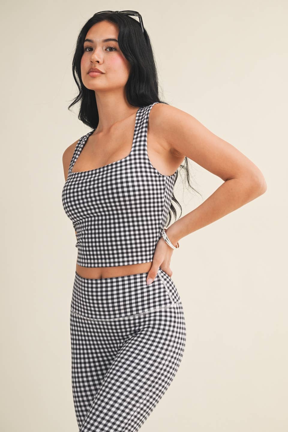 Black Gingham Print Wide Strap Fitted Tank