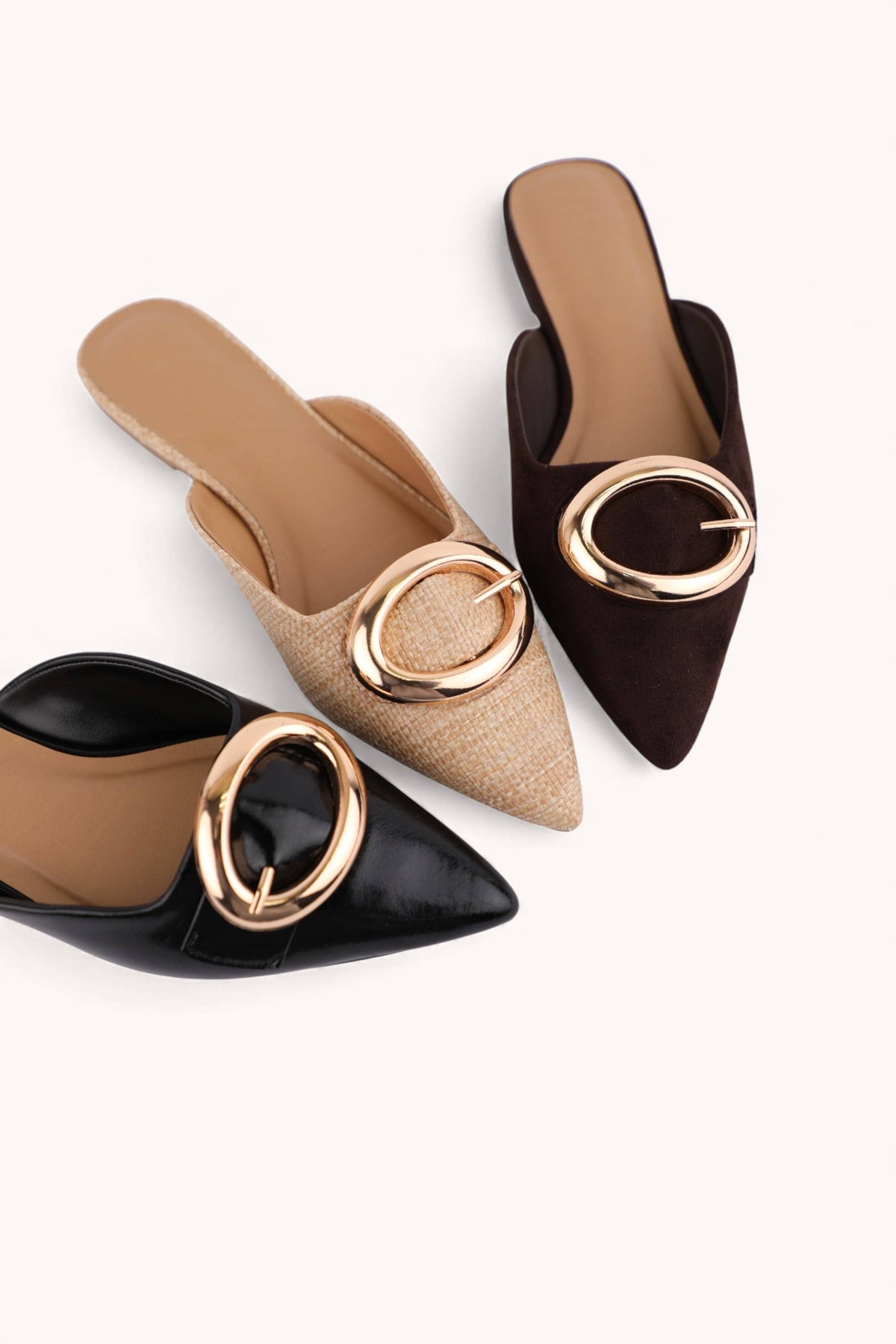 Jamie Modern Gold Buckle Pointed Toe Mules Black