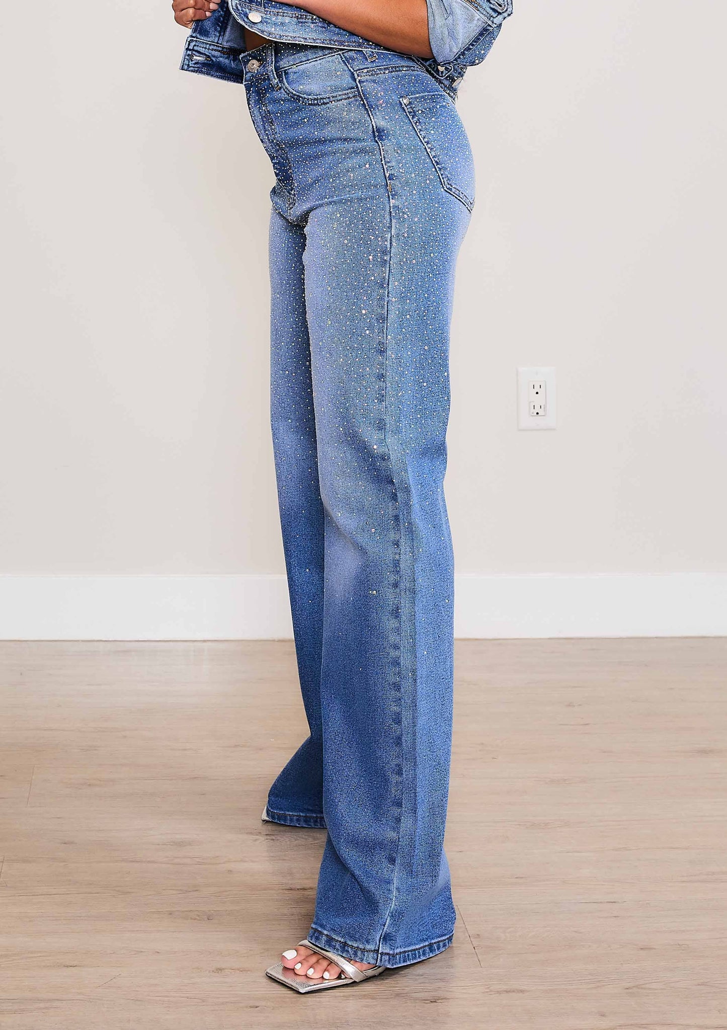 Iridescent Rhinestone High-Rise Wide Leg Jeans