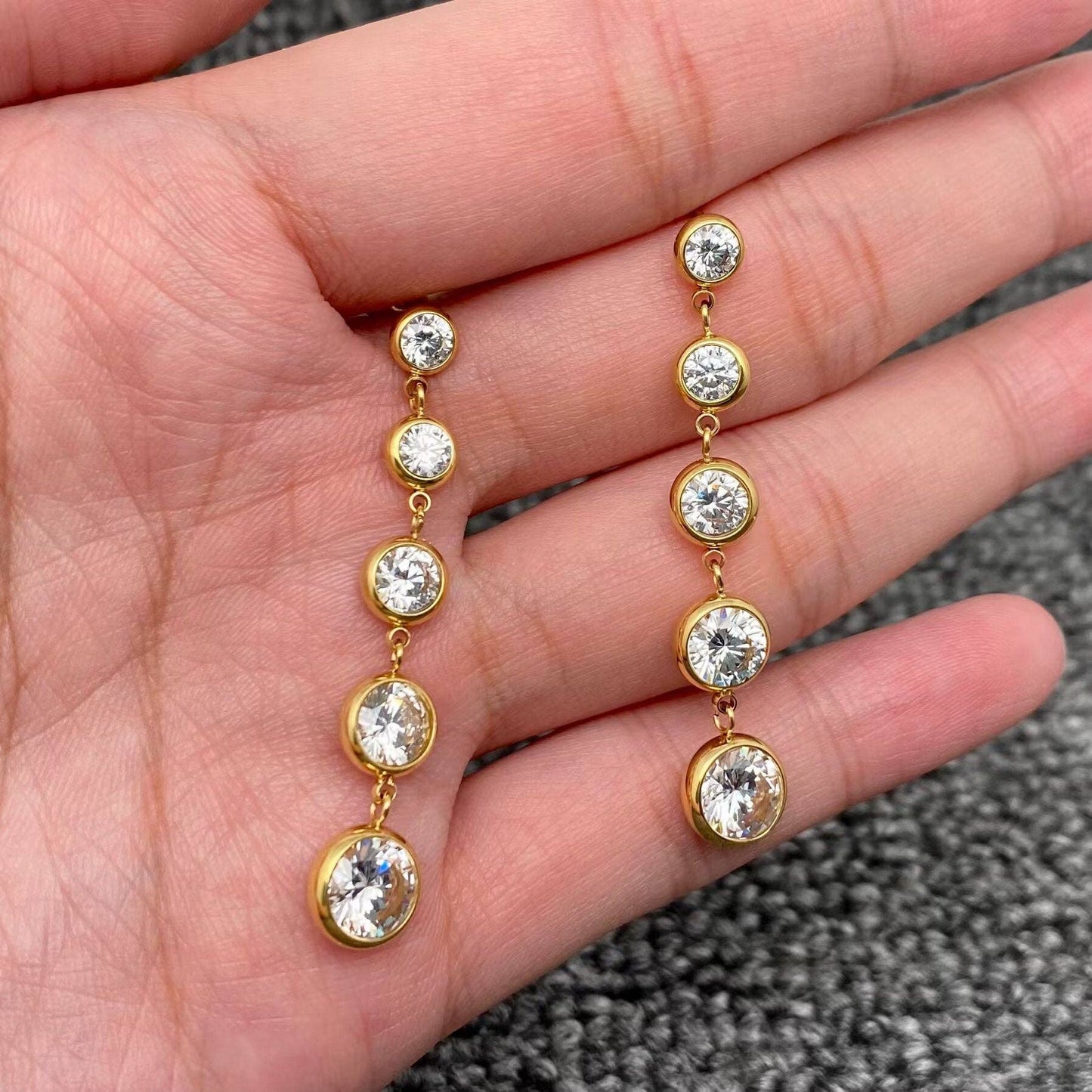 Zircon Linked Fringe 18K Golden S.Steel Post Earrings