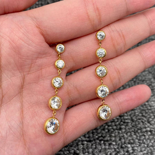 Zircon Linked Fringe 18K Golden S.Steel Post Earrings