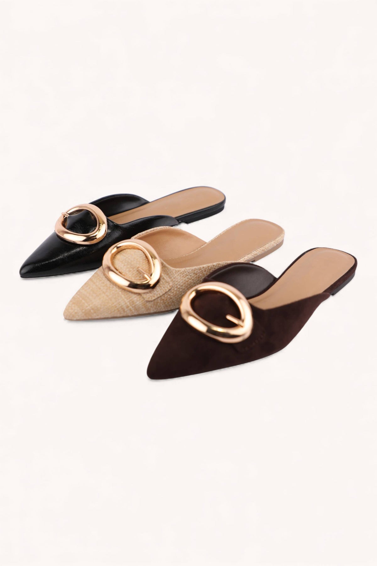 Jamie Modern Gold Buckle Pointed Toe Mules Black