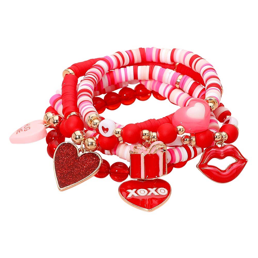 Valentine Heart Charm Beaded Stretch Multi Layered Bracelets