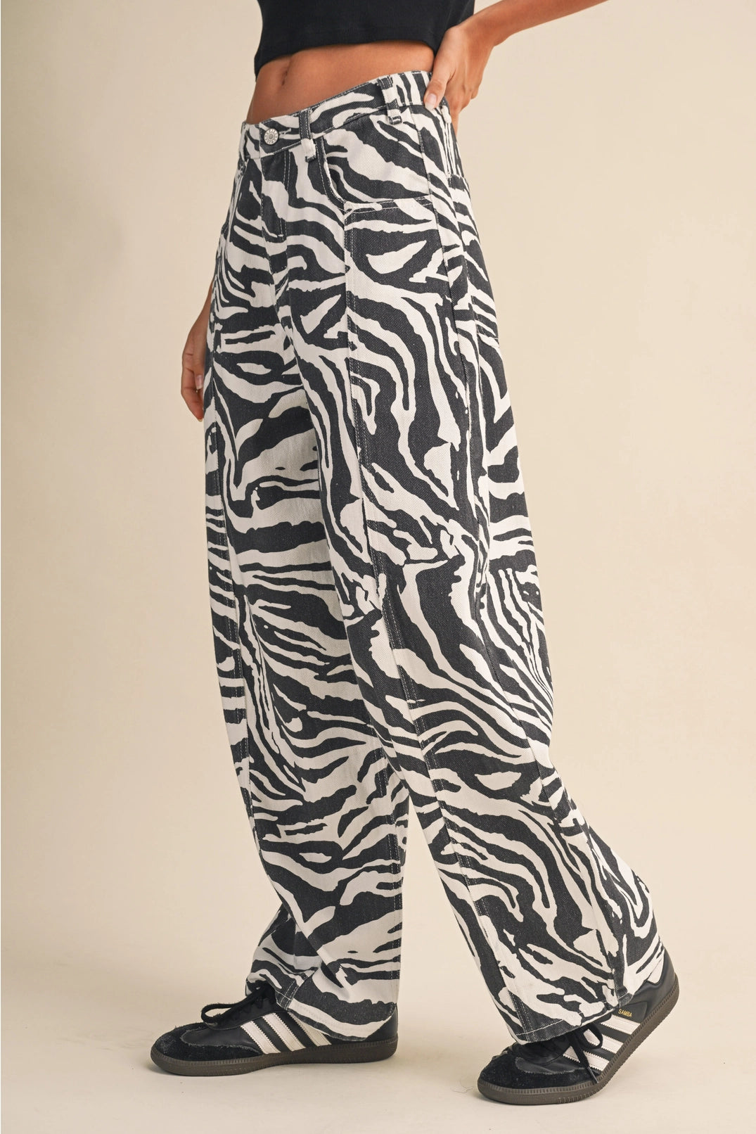 Zebra Print Denim Barrel Pants