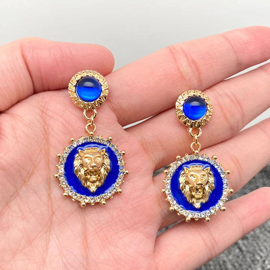 Lion Head Charm Enamel Post Earrings
