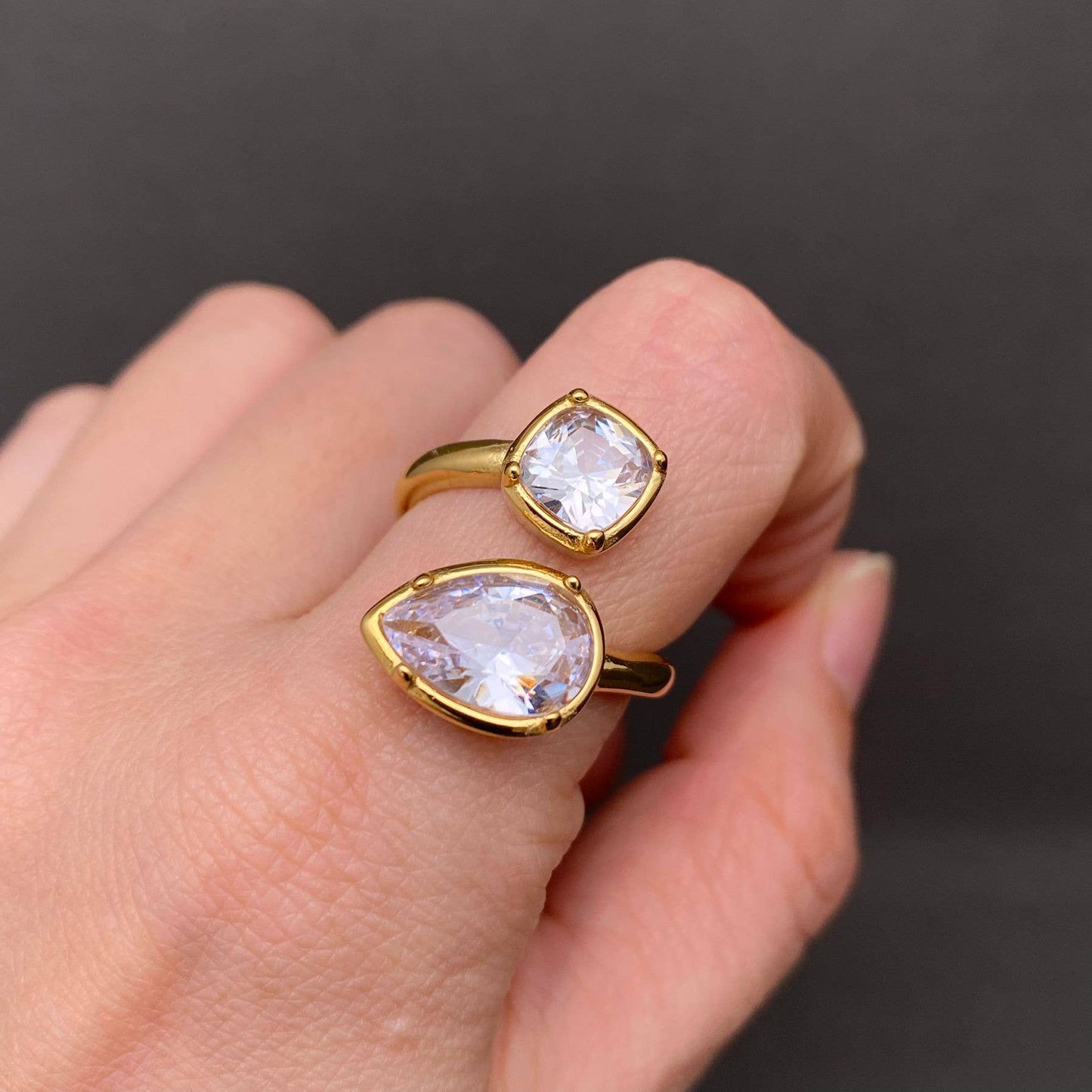 Double Zircon 18K Gold Plated Stainless Steel Ring