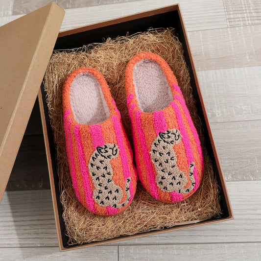 Retro Color-Block Striped Leopard Plush Slippers