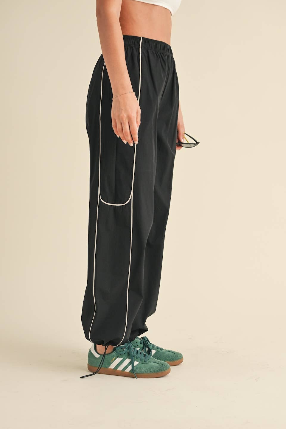 Black Nylon Track Pants with Contrast Piping