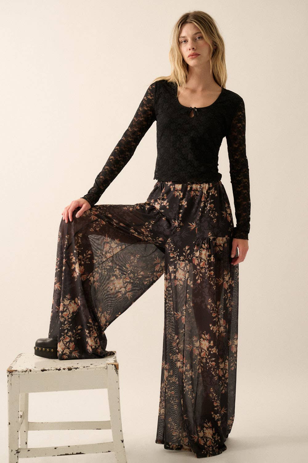 Sloan Floral Mesh Wide-Leg Pants