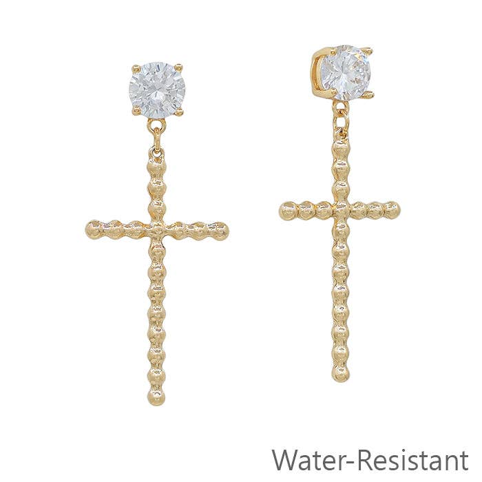 Water Resistant Crystal Stud with Gold Studded Cross 2" Earring