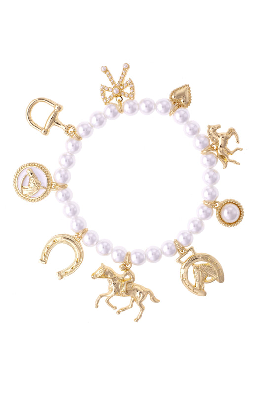 Equestrian Multi Charm Pearl Stretch Bracelet in Ivory