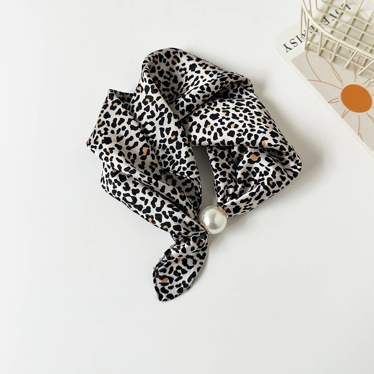 Leopard Print Scarf With Pearl Magnetic Clasp