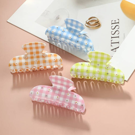 Gingham Plaid & Daisy Embellished Acrylic Hair Claw Clips