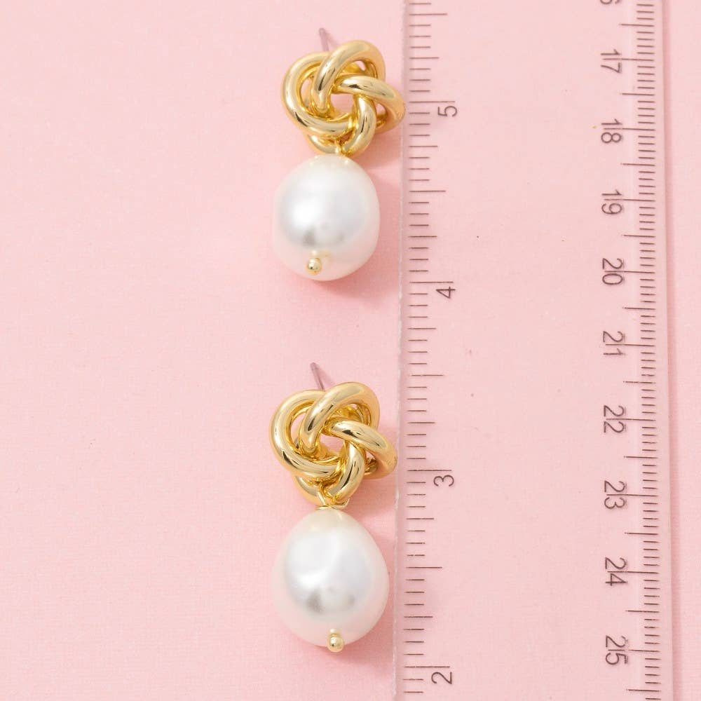 Gold Dipped Knot And Pearl Bead Stud Dangle Earrings