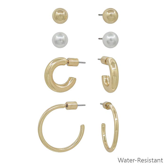 Water Resistant Set of 4 Gold and Pearl Studs with .5", .75" Hoop Earrings