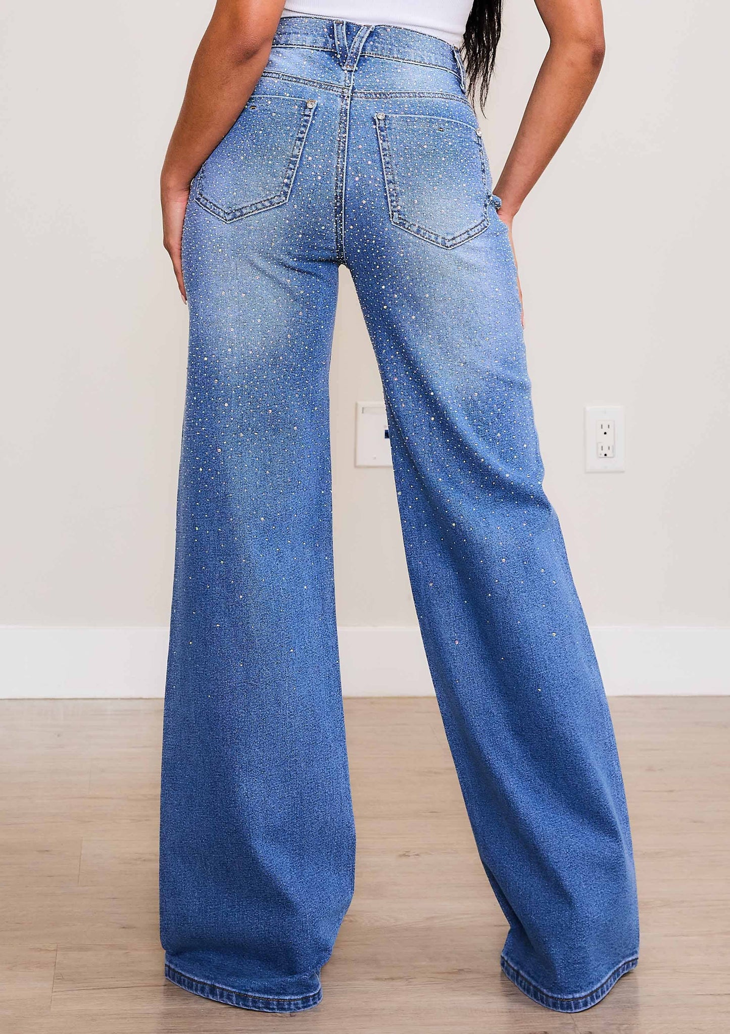 Iridescent Rhinestone High-Rise Wide Leg Jeans