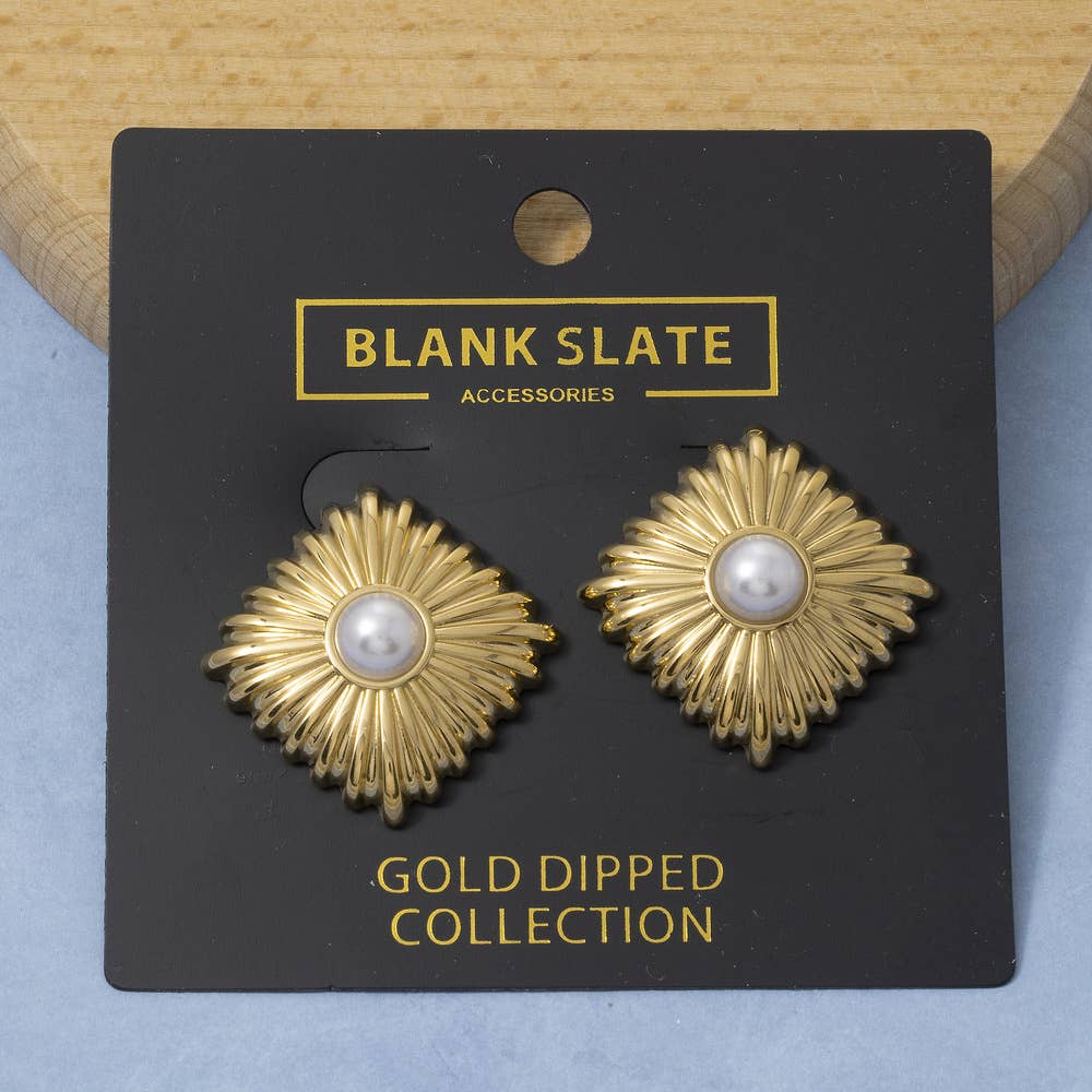 Gold Dipped Starburst Diamond Pearl Stud Earrings