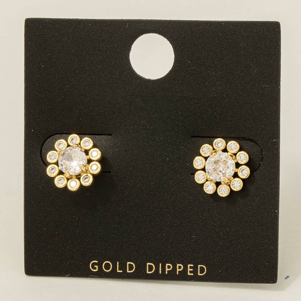 Gold Dipped Halo Cz Set Stud Earrings