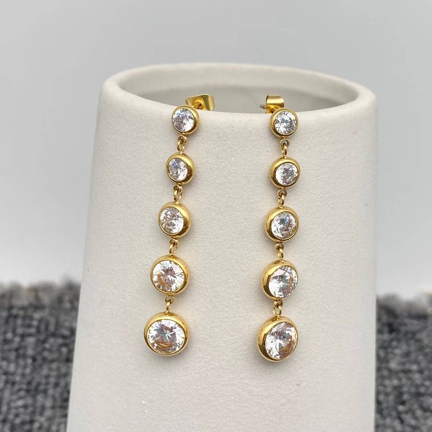 Zircon Linked Fringe 18K Golden S.Steel Post Earrings