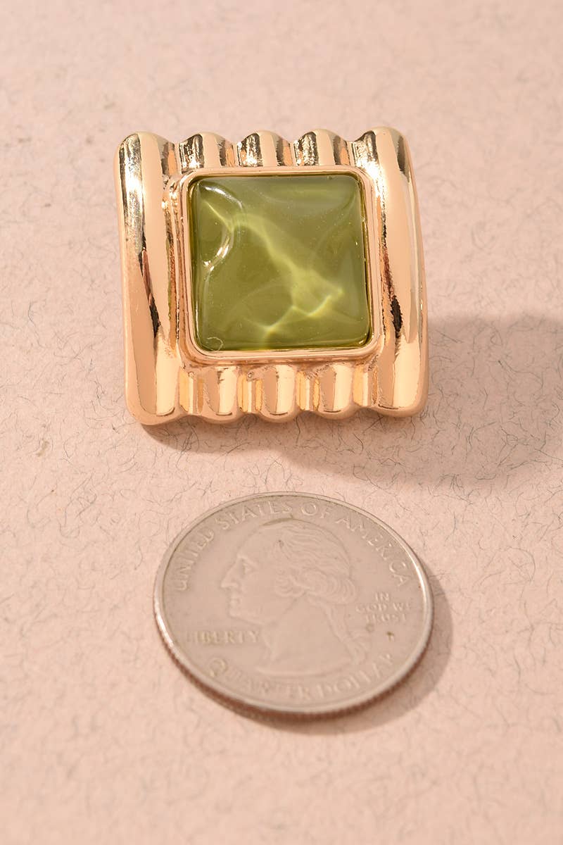 Olive Square Stone Textured Statement Stud Earrings