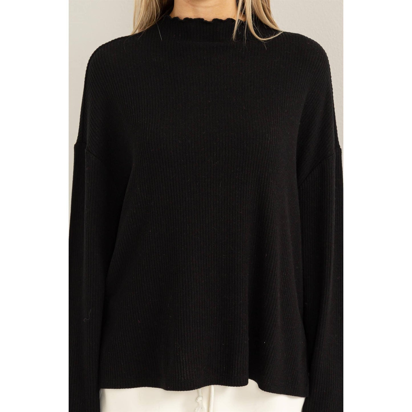 Black Oversized High Neck Top With Side Slit