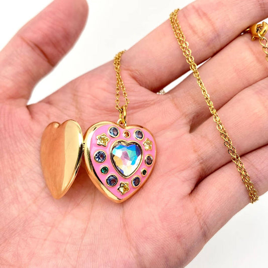 Enamel Pink Heart-shaped Photo Album Pendant Necklace