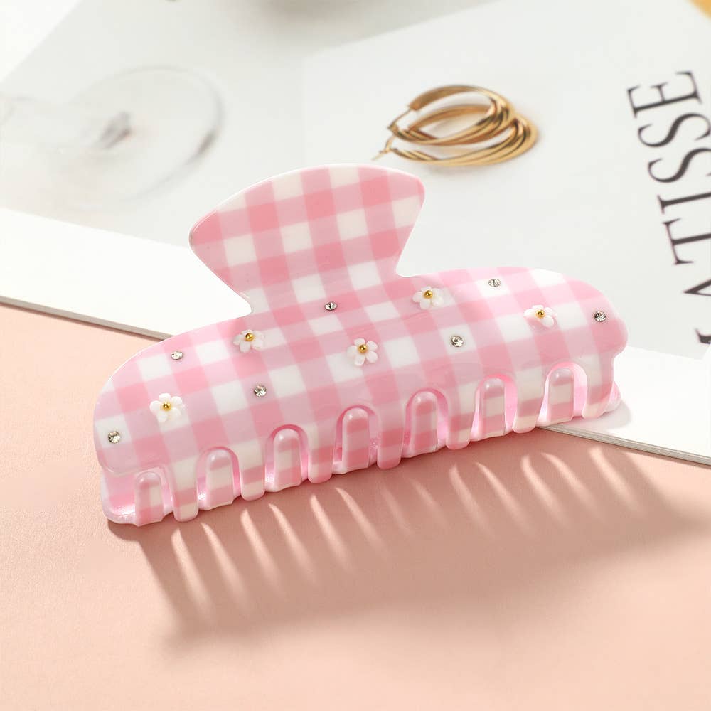 Gingham Plaid & Daisy Embellished Acrylic Hair Claw Clips
