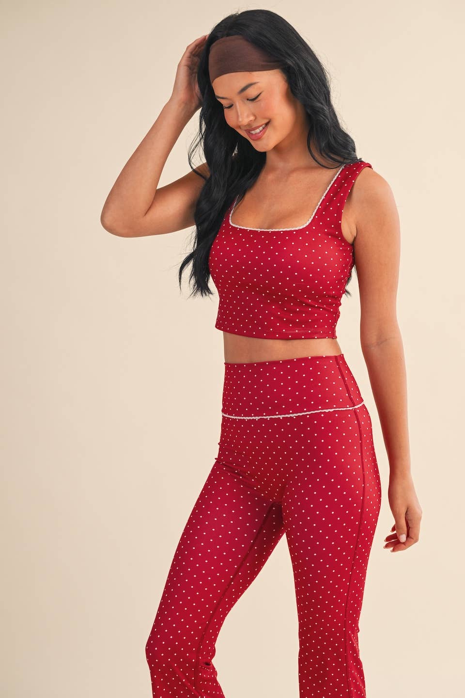 Polka Dot Print Crop Tank with Lace Trim