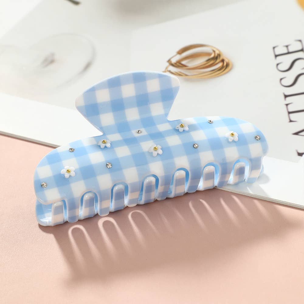 Gingham Plaid & Daisy Embellished Acrylic Hair Claw Clips
