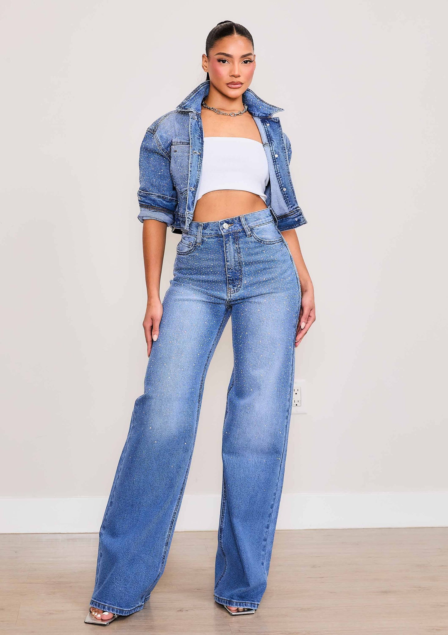 Iridescent Rhinestone High-Rise Wide Leg Jeans