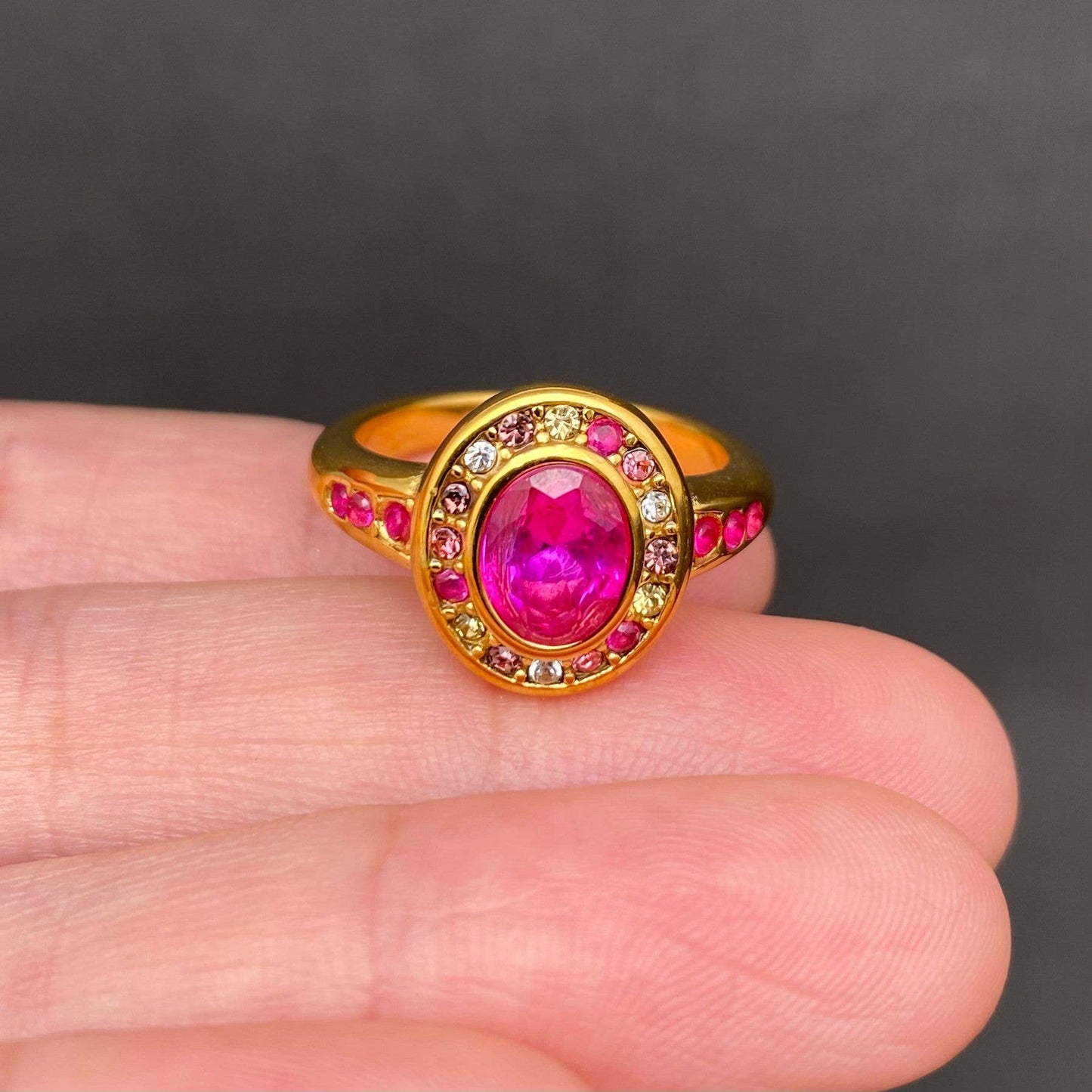 Zircon Inlaid 18K Gold Plated Stainless Steel Oval Ring