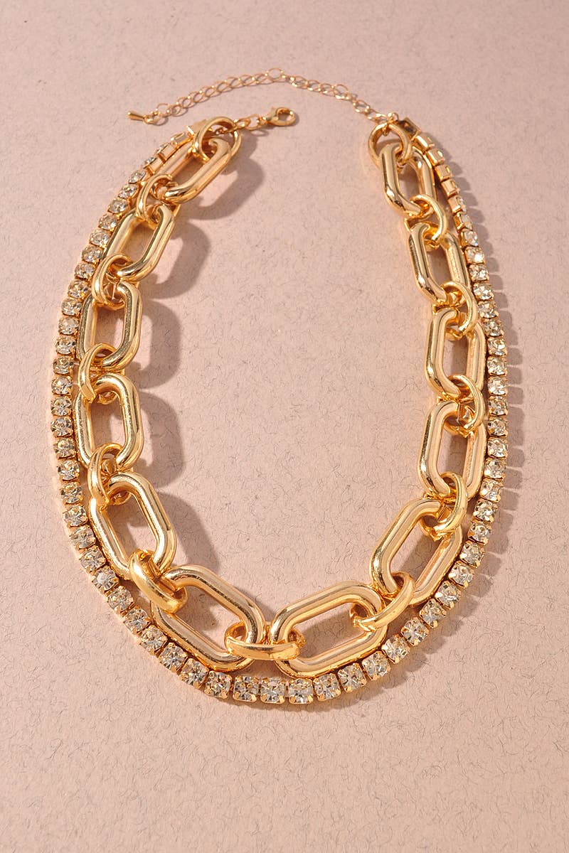 Paperclip Chain & Rhinestone Statement Necklace