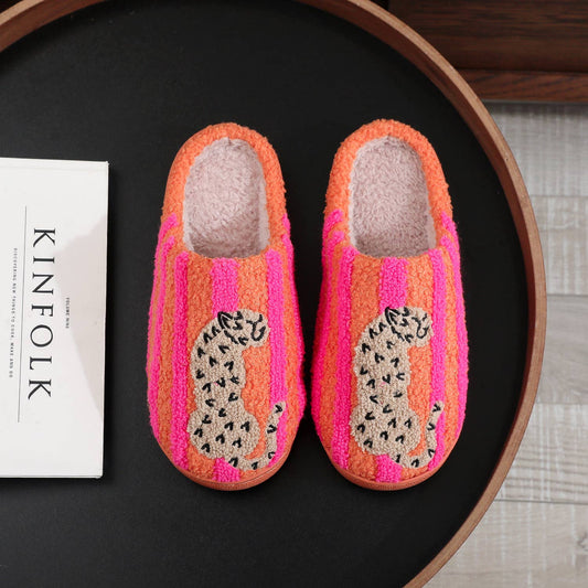 Retro Color-Block Striped Leopard Plush Slippers