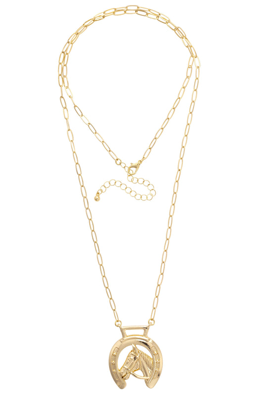 Horseshoe Horsey Pendant Necklace in Shiny Gold