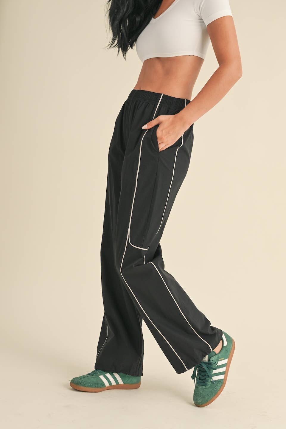 Black Nylon Track Pants with Contrast Piping
