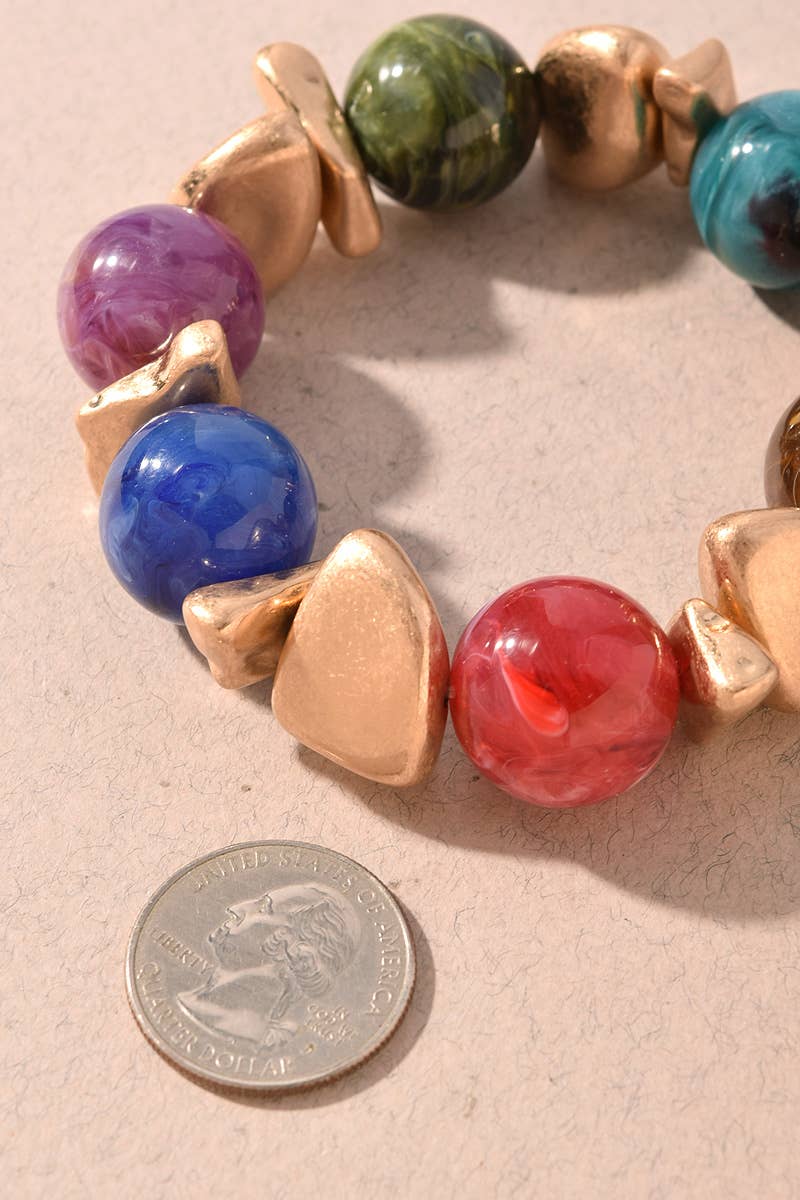 Multi Color Resin & Gold Nugget Beaded Stretch Bracelet