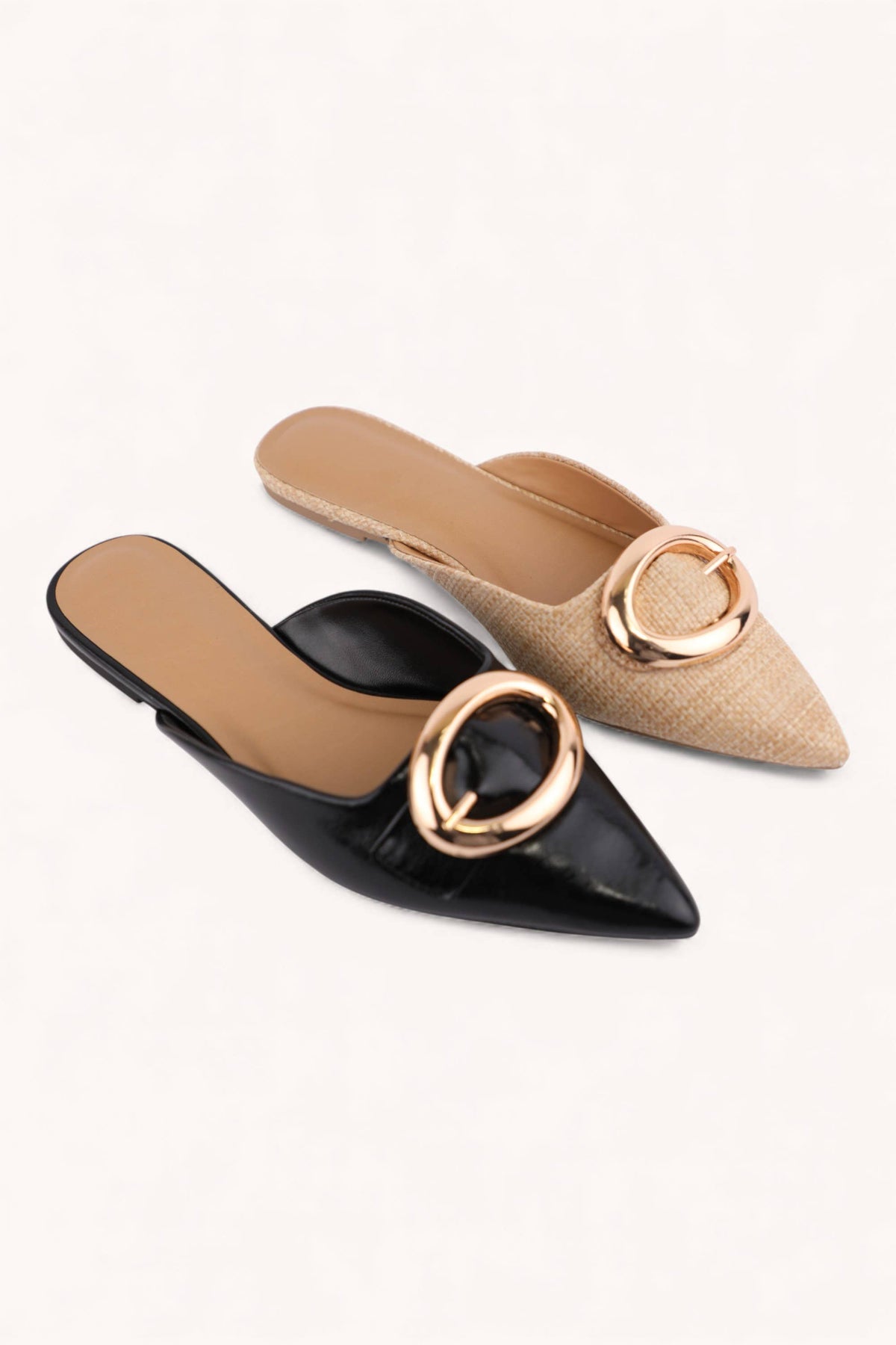 Jamie Modern Gold Buckle Pointed Toe Mules Black