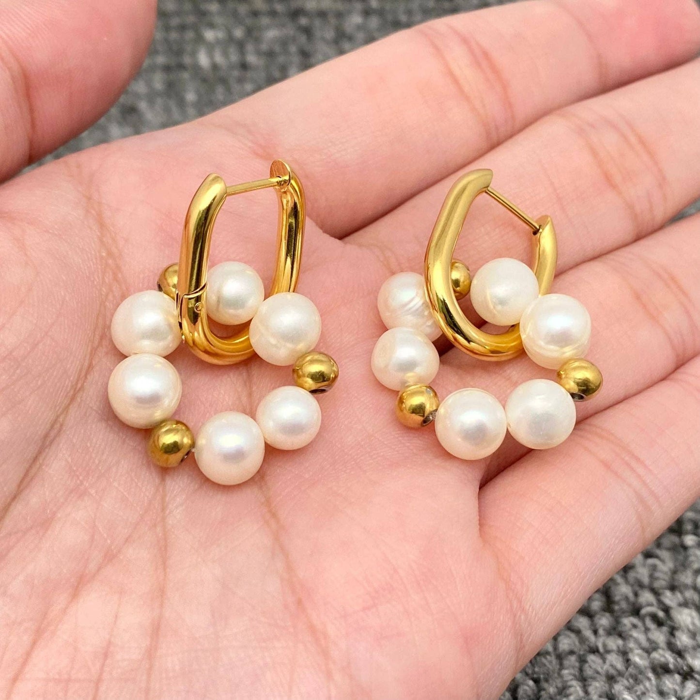 Pearl Charm 18K Gold Plated Steel Huggie Earrings