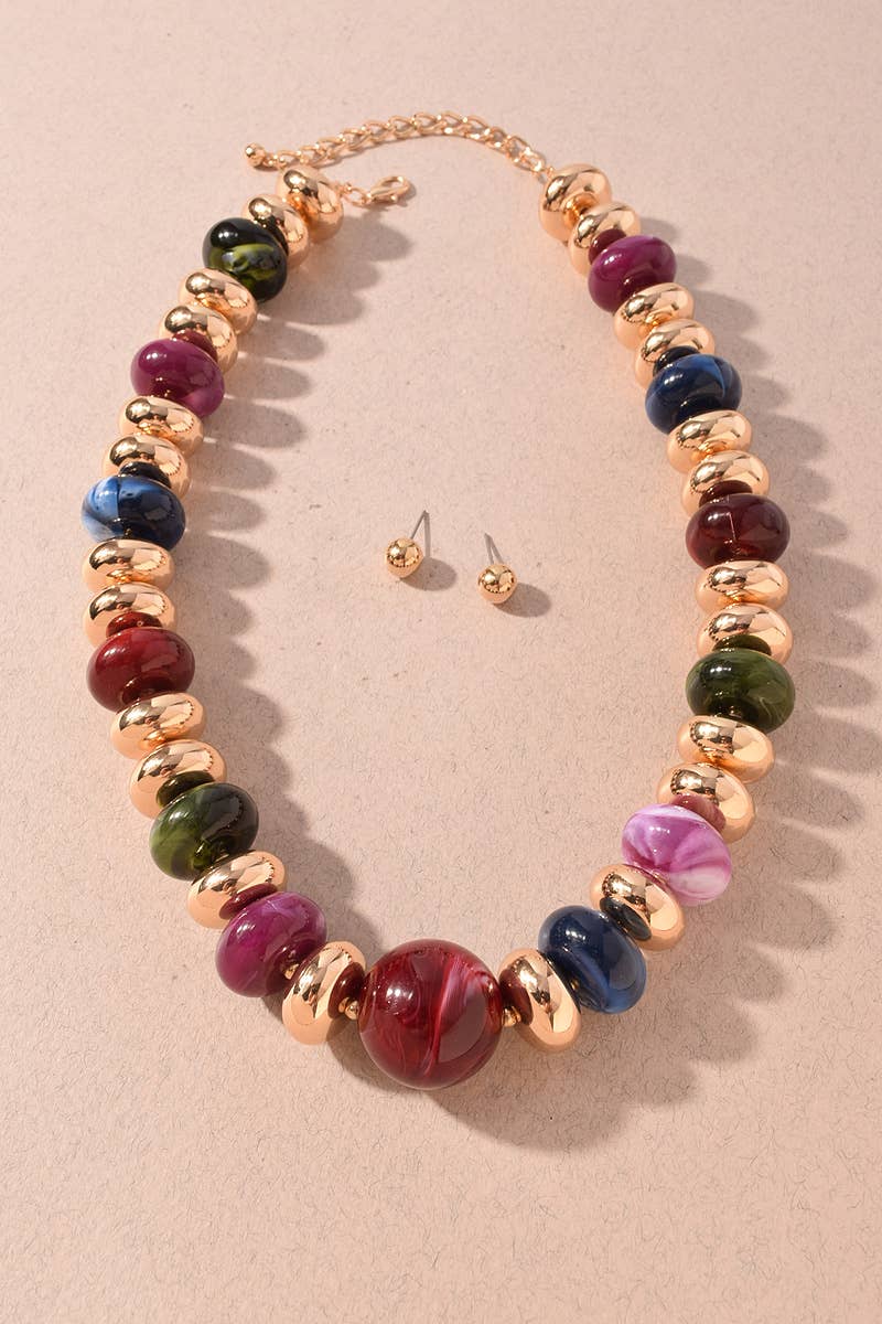 Multi Color Resin & Gold Beaded Statement Necklace Set