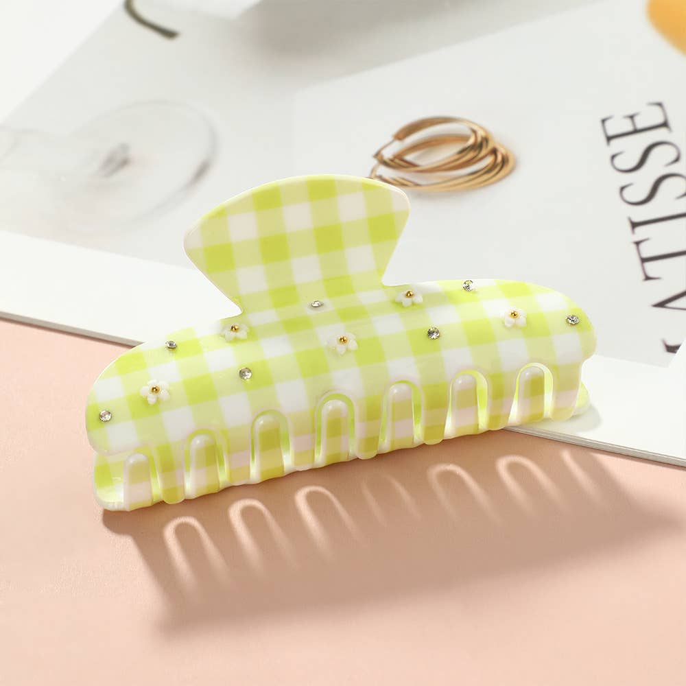 Gingham Plaid & Daisy Embellished Acrylic Hair Claw Clips