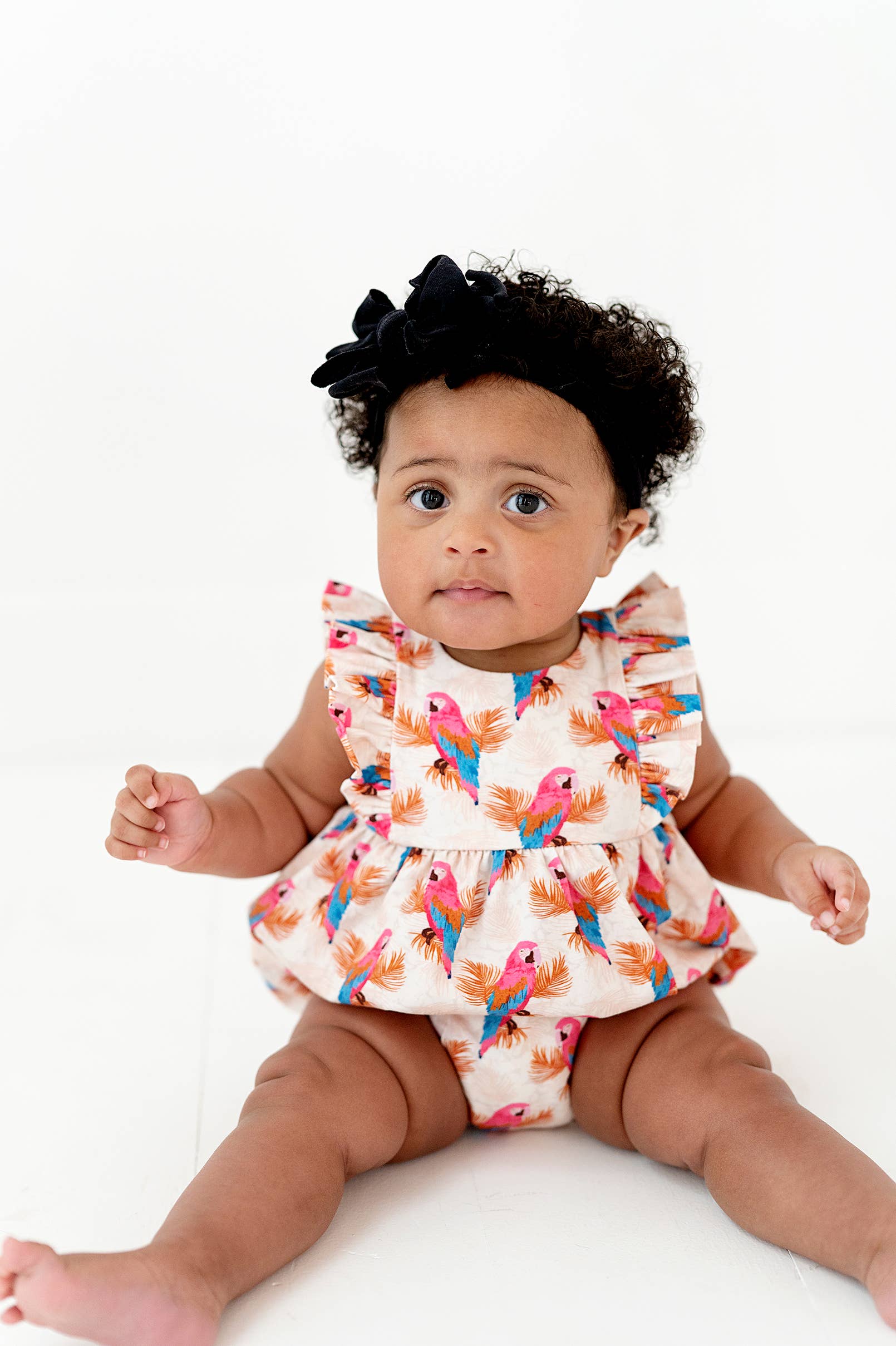 a baby sitting on the floor wearing a dress