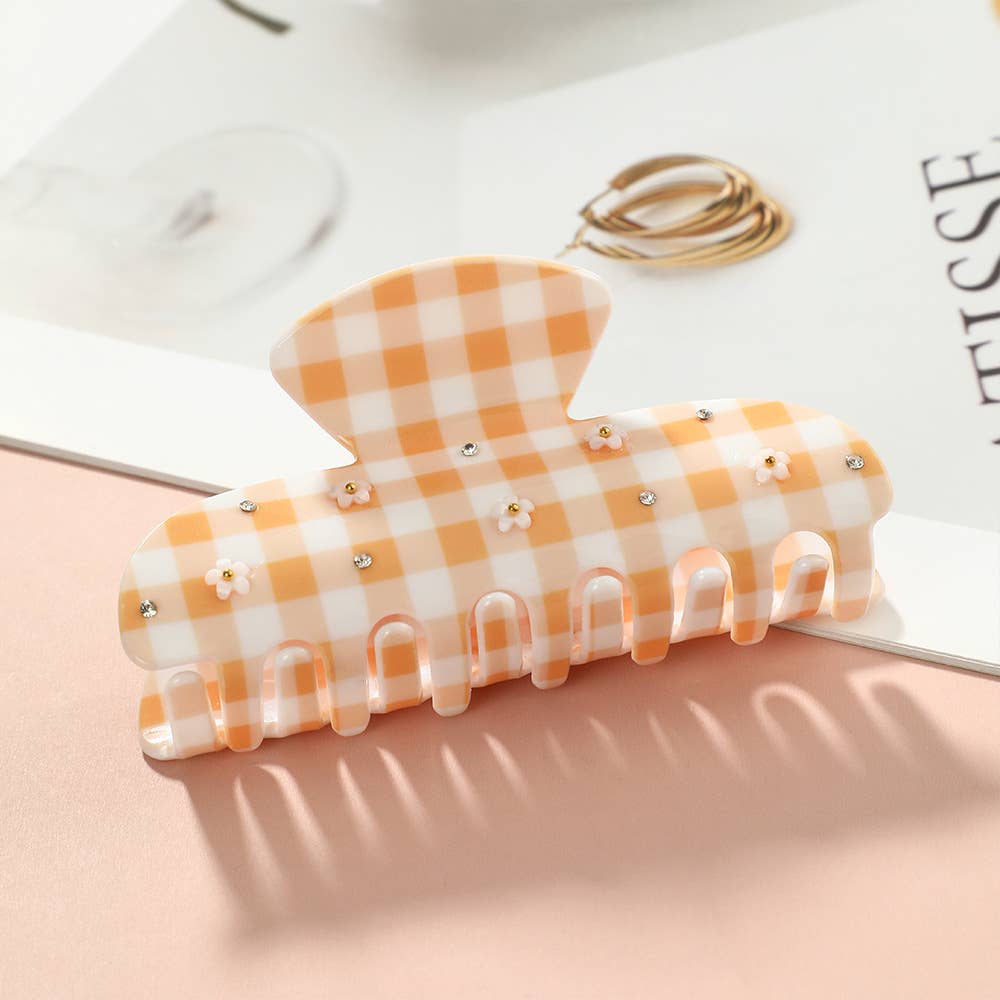 Gingham Plaid & Daisy Embellished Acrylic Hair Claw Clips