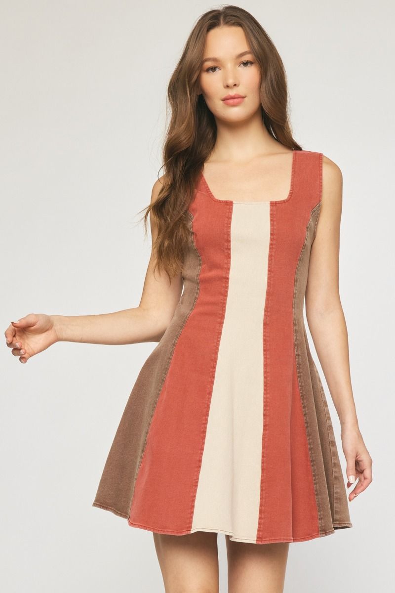 Colorblock A-Line Dress with Square Neckline and Denim Stretch Fabric