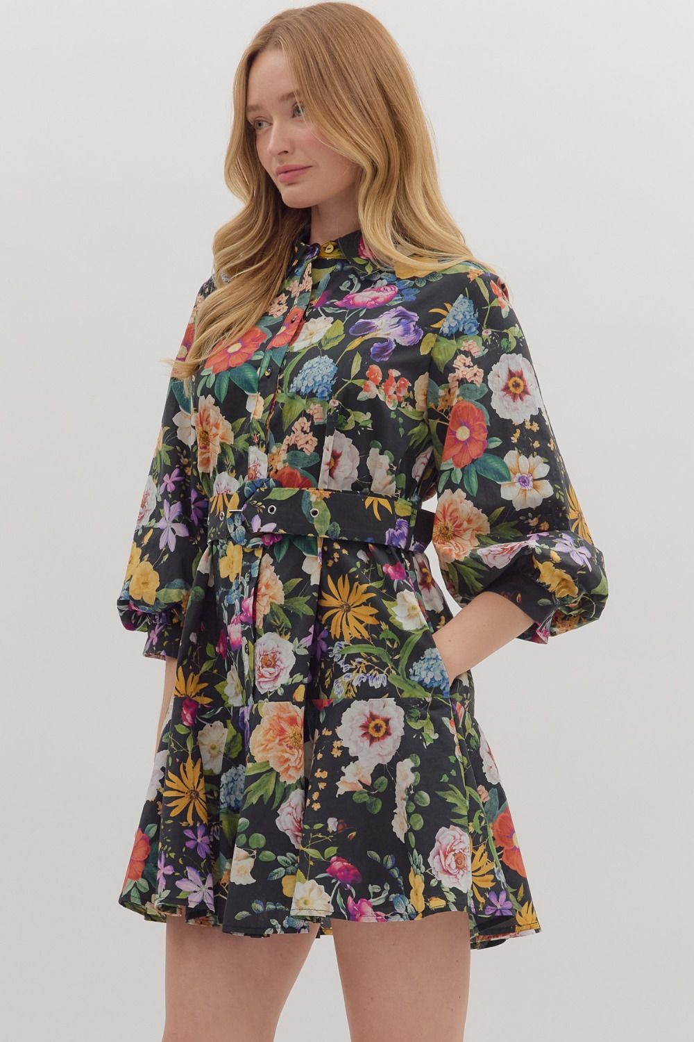 Midnight Garden Party Belted Mini Dress