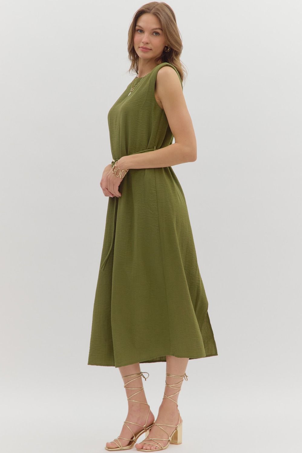 Sage Belted Midi Dress