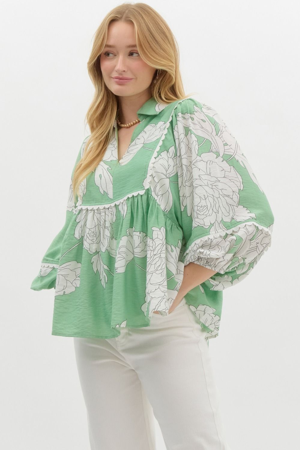 Sweet & Scalloped Mint Floral Blouse