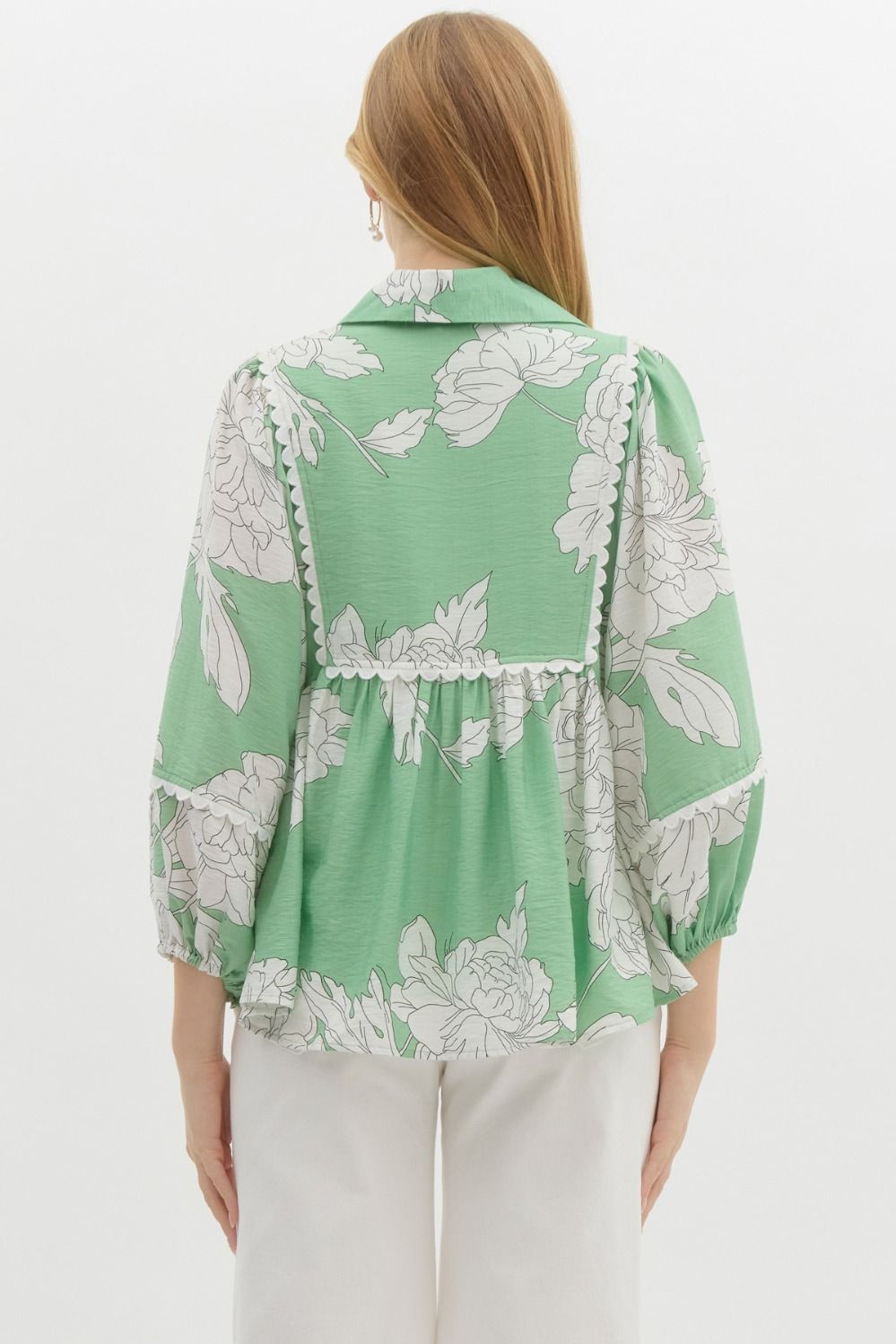 Sweet & Scalloped Mint Floral Blouse