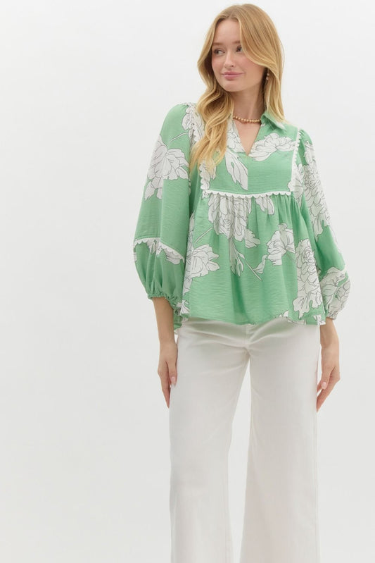 Sweet & Scalloped Mint Floral Blouse